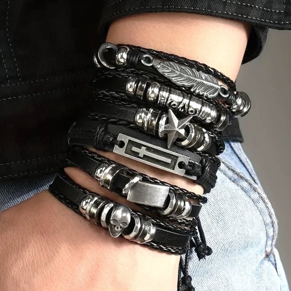 Leather Cuff Bracelet Wrist 6pc Rock Edgy Black Goth Grunge Punk Skull Star Bold